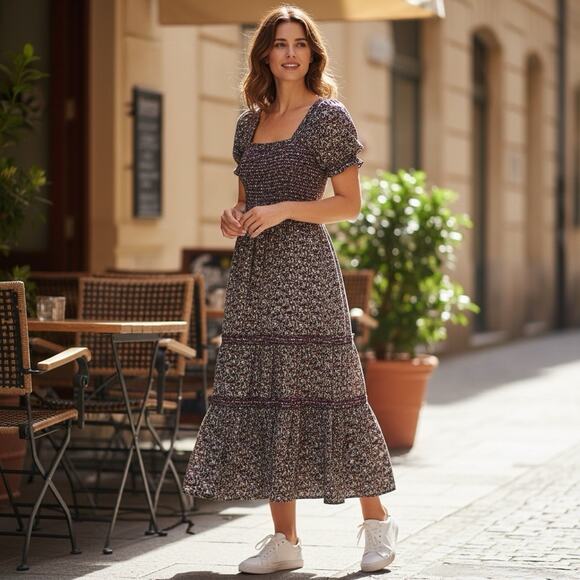 CAARA Smocked tiered Midi dress puff sleeves Ditsy floral Sz M Romantic chic - Picture 1 of 11